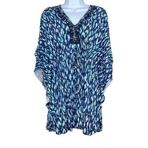 Cabana Life Small Blue Print Beaded Drawstring Batwing Sleeve Swim Coverup Beach